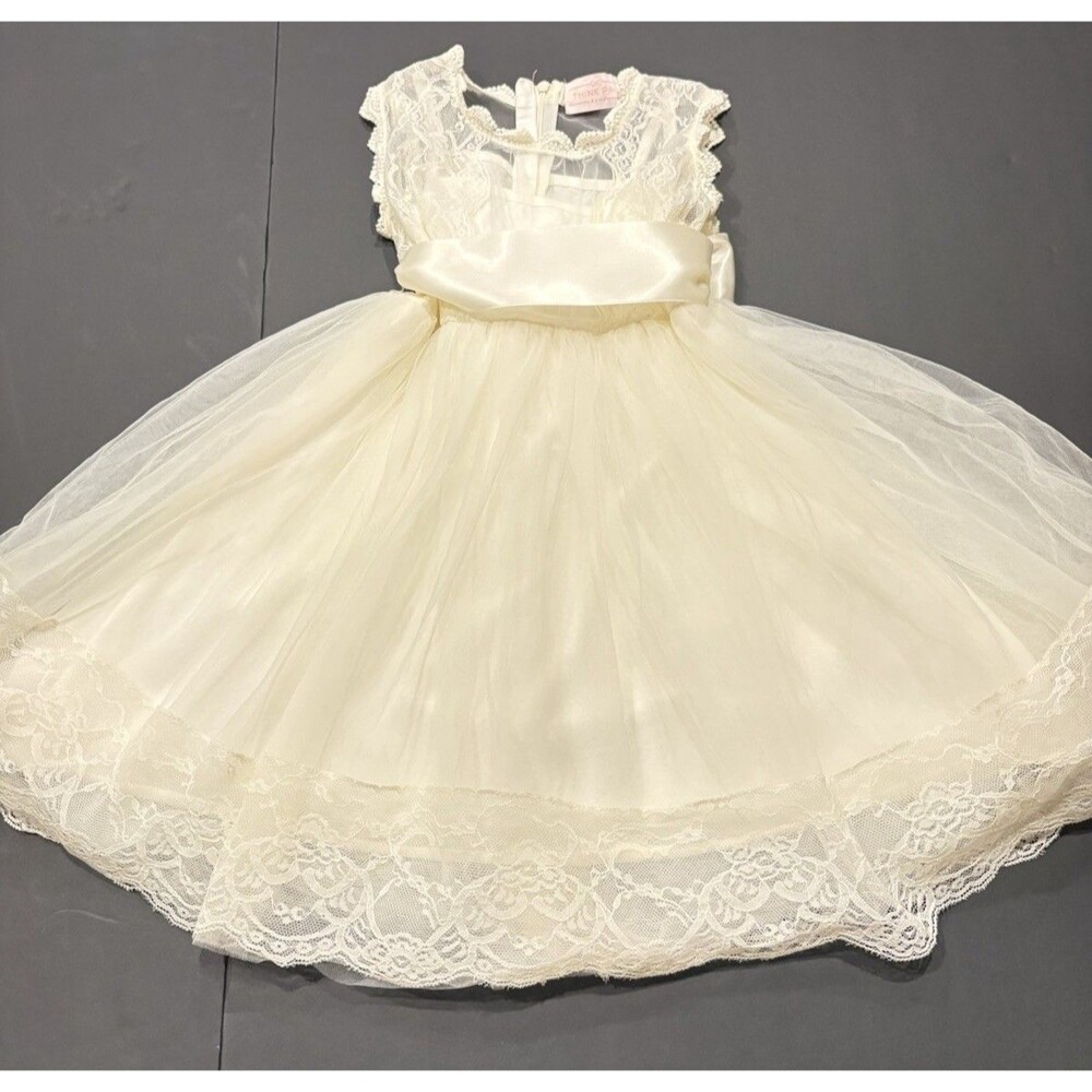 Girls Ivory Lace Tulle Dress Satin Bow Special Occasion Size 4-5
